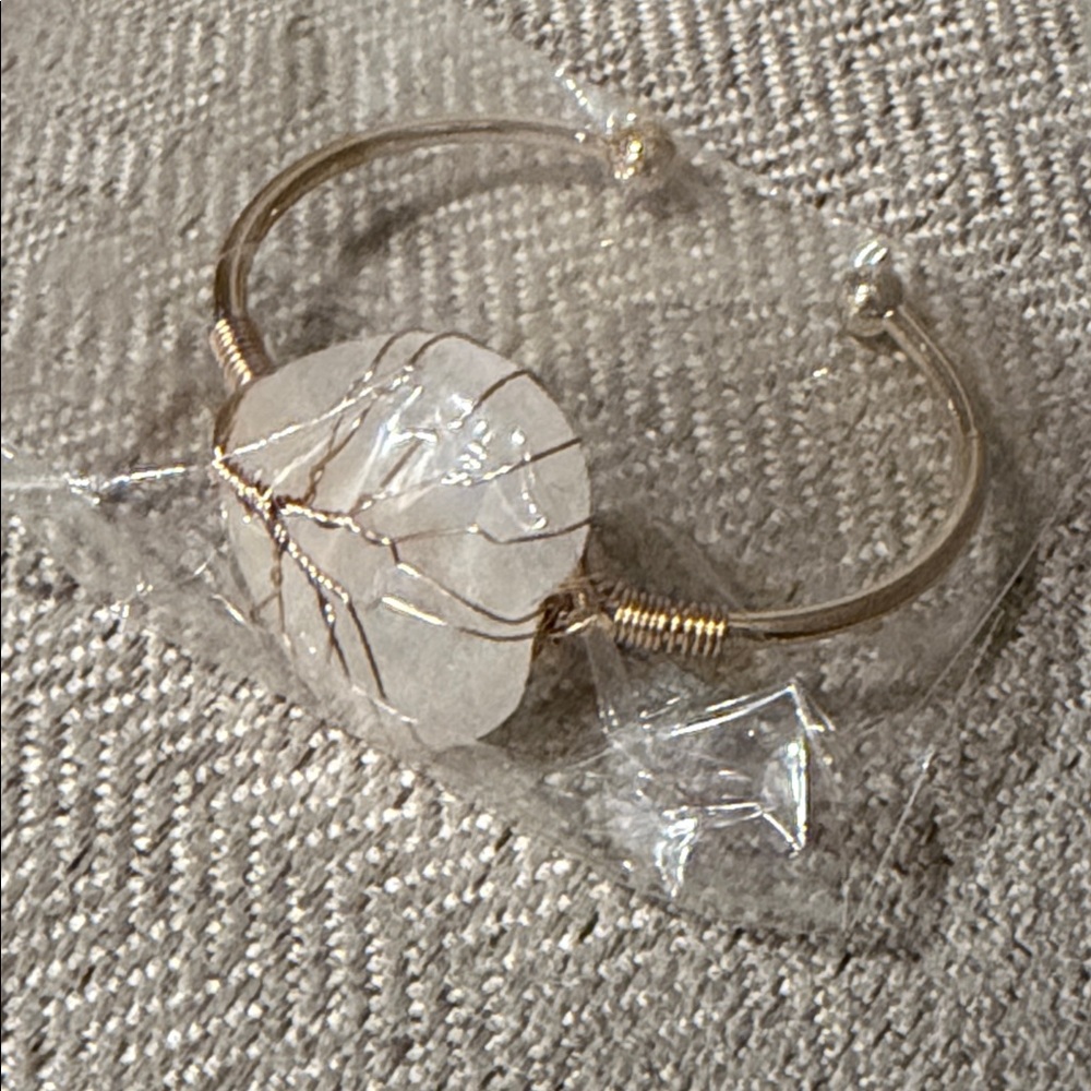 Gold Wire Wrapped Cuff Bracelet with White Stone